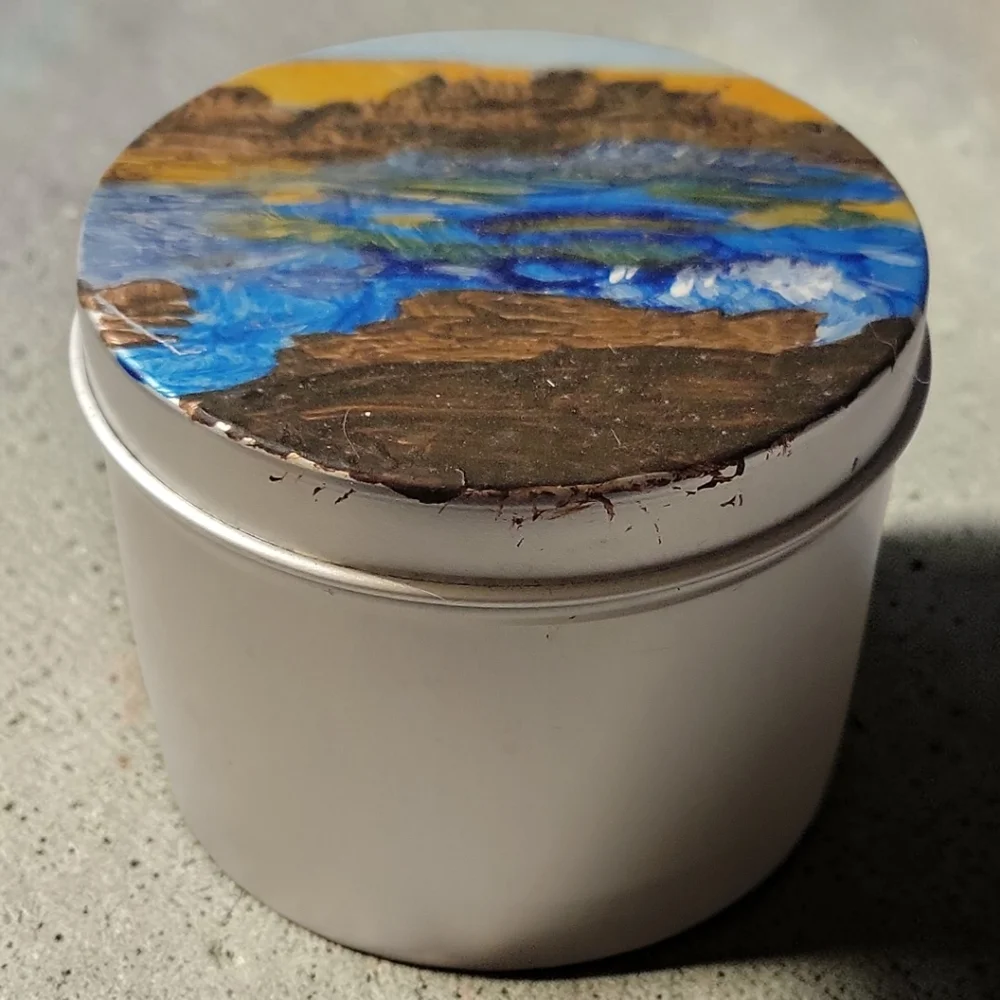 Anna's Creations Hand Crafted Painted Round Tin Candle River Banks